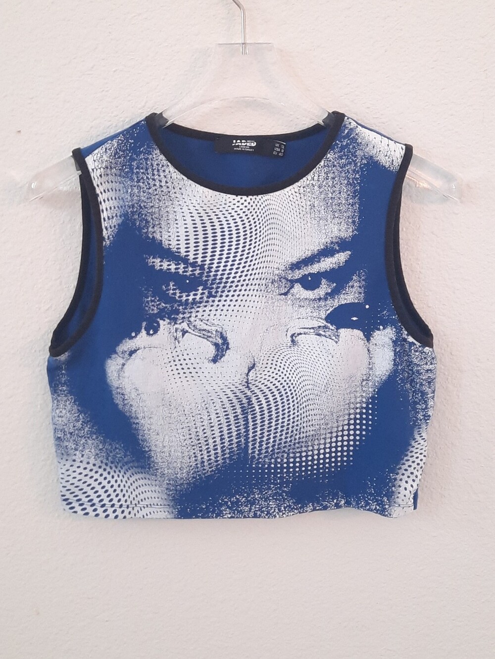 Jaded London Blue, Black, and White Graphic Sleeveless Crop Top